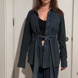 Vintage 90's Worth NY Light Button Up Jacket with Belt in Dark Turquoise